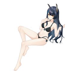 Rule 34 | +intro+, 1girl, asymmetrical sidelocks, bare arms, bare legs, bare shoulders, barefoot, bernadette (final gear), bikini, black bikini, black hair, blue hair, blunt bangs, breasts, collarbone, final gear, frown, full body, hair ornament, hand in own hair, highres, long hair, looking at viewer, medium breasts, midriff, multi-strapped bikini bottom, multicolored hair, navel, o-ring, o-ring bikini, o-ring strap, official art, simple background, sitting, solo, spaghetti strap, swimsuit, tachi-e, third-party source, toes, two-tone bikini, two-tone hair, very long hair, water drop, white background, yellow eyes