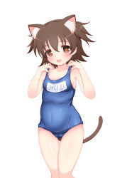 Rule 34 | 1girl, akagi miria, animal ears, arms up, blue one-piece swimsuit, blush, breasts, brown eyes, brown hair, commentary request, covered navel, gluteal fold, hair bobbles, hair ornament, hands on own shoulders, highres, hosizora mikoto, idolmaster, idolmaster cinderella girls, name tag, old school swimsuit, one-piece swimsuit, open mouth, school swimsuit, short hair, simple background, small breasts, solo, swimsuit, tail, thigh gap, thighs, two side up, white background