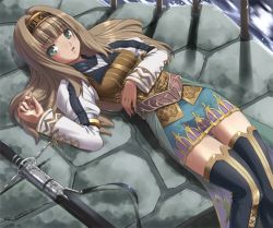 Rule 34 | 1girl, akinaie, alicia, alicia (valkyrie profile 2), bad id, bad pixiv id, blonde hair, boots, brown hair, green eyes, hairband, long hair, lying, overskirt, pencil skirt, puffy sleeves, sheath, sheathed, skirt, solo, standing, sword, thigh boots, thighhighs, valkyrie profile (series), valkyrie profile 2: silmeria, weapon, yoshio (55level), you gonna get raped, zettai ryouiki
