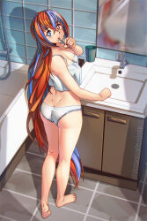 Rule 34 | 1girl, alear (female) (fire emblem), alear (fire emblem), ass, bare shoulders, barefoot, bathroom, bathtub, blue eyes, blue hair, breasts, butt crack, dimples of venus, fire emblem, fire emblem engage, from above, from behind, heterochromia, highres, kagato007, long hair, looking at viewer, looking back, looking up, medium breasts, multicolored hair, panties, red eyes, red hair, shiny skin, sideboob, solo, standing, toothbrush, two-tone hair, underwear, very long hair