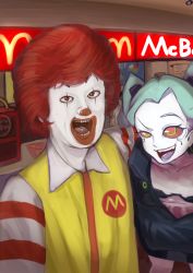 Rule 34 | 1boy, 1girl, absurdres, artificial eye, black bra, black jacket, bra, breasts, chuzhengxie drawers, clown, collared shirt, colored sclera, colored skin, commentary, crossover, cyberpunk (series), cyberpunk edgerunners, green hair, highres, jacket, looking at viewer, mcdonald&#039;s, mechanical eye, open mouth, rebecca (cyberpunk), red eyes, red hair, red sclera, ronald mcdonald, shirt, short hair, small breasts, smile, twintails, underwear, upper body, white skin, yellow shirt