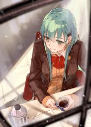Rule 34 | 1girl, absurdres, aqua hair, blazer, breasts, brown jacket, chair, closed mouth, coffee, coffee pot, cup, from above, green eyes, hair between eyes, hair ornament, hairclip, highres, jacket, kantai collection, kumanoko, long hair, long sleeves, red neckwear, sitting, solo, steam, suzuya (kancolle), sweater vest, window