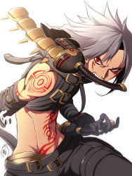 Rule 34 | .hack//, .hack//g.u., 00s, 1boy, albino, angry, bad id, bad pixiv id, belt, facial mark, gloves, haseo, haseo (.hack//), highres, ito mijinko, male focus, midriff, mouth hold, pants, red eyes, solo, spiked hair, sword, tattoo, weapon, white background, white hair