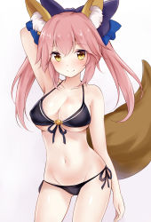 Rule 34 | 1girl, animal ears, arm behind head, bikini, black bikini, blue ribbon, blush, bow, breasts, closed mouth, fate/grand order, fate (series), fox ears, fox tail, gradient background, hair bow, hair ribbon, long hair, looking at viewer, medium breasts, navel, nikoo, pink background, pink hair, purple bow, ribbon, side-tie bikini bottom, smile, solo, standing, swimsuit, tail, tamamo (fate), tamamo no mae (fate/extra), twintails, white background, yellow eyes