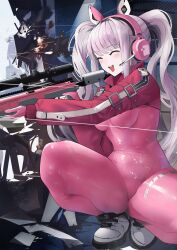 Rule 34 | 1girl, :d, absurdres, alice (nikke), animal ear headphones, animal ears, blush, bodysuit, breasts, closed eyes, clothes writing, dot nose, eyelashes, fake animal ears, firing, gloomyowl, goddess of victory: nikke, gun, hair intakes, happy state, headphones, headset, highres, holding, holding gun, holding weapon, impossible bodysuit, impossible clothes, jacket, latex, latex bodysuit, long hair, looking at viewer, medium breasts, open mouth, pink bodysuit, pink eyes, pink headphones, red jacket, rifle, shiny clothes, shrug (clothing), skin tight, smile, solo, standing, thighs, twintails, weapon, white background, white hair