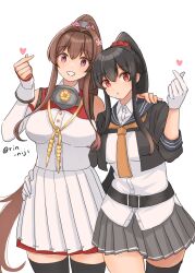 Rule 34 | 2girls, black hair, black thighhighs, blue sailor collar, breasts, brown hair, detached sleeves, flower, gloves, hair flower, hair ornament, hair scrunchie, hand on another&#039;s shoulder, hand on another&#039;s waist, heart, highres, kantai collection, large breasts, long hair, multiple girls, neckerchief, orange neckerchief, pink eyes, pink flower, pleated skirt, ponytail, red eyes, rin (rin niji), sailor collar, scrunchie, simple background, single thighhigh, skirt, thighhighs, twitter username, white background, white gloves, yahagi (kancolle), yahagi kai ni (kancolle), yamato (kancolle), yamato kai ni (kancolle)
