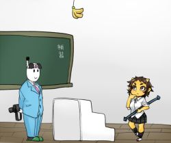 Rule 34 | 1girl, :&lt;, banana, brown hair, business suit, camera, chalkboard, classroom, club (weapon), commentary, food, formal, fruit, green skirt, hand on own face, headband, kanabou, looking up, oni, original, peach, school uniform, shoes, short hair, skirt, skj, slippers, socks, stairs, suit, thick eyebrows, weapon, yellow eyes, | |