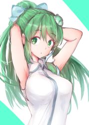 Rule 34 | 1girl, :o, absurdres, alternate hairstyle, armpits, arms behind head, arms up, blue bow, blush, bow, breasts, frog hair ornament, green eyes, green hair, hair bow, hair ornament, hair tubes, highres, kochiya sanae, kushidama minaka, long hair, looking at viewer, medium breasts, parted lips, single sidelock, sketch, sleeveless, solo, tareme, touhou, two-tone background, tying hair, upper body, vest, white vest