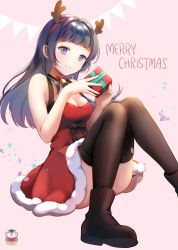 Rule 34 | 1girl, antlers, bad id, bad pixiv id, blush, box, breasts, brown thighhighs, cleavage, commentary, dress, gift, gift box, hat, highres, holding, holding box, horns, kamui (kamuikaoru), long hair, looking at viewer, medium breasts, merry christmas, neck bell, original, red dress, santa dress, shoes, smile, solo, thighhighs
