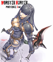 Rule 34 | 1girl, armor, belt, black eyes, black lips, blade, breasts, capcom, cleavage, cleavage cutout, clothing cutout, downblouse, dual wielding, elbow gloves, eyeshadow, fantasy, from above, gloves, gypceros (armor), hairband, helmet, holding, kenzy, large breasts, lipstick, looking at viewer, looking back, looking up, makeup, monster hunter, monster hunter (series), monster hunter portable 2nd, panties, shoes, signature, smile, solo, standing, strap, sword, thighhighs, thighs, tiptoes, turtleneck, underwear, weapon, white panties, white thighhighs