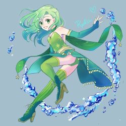 Rule 34 | 1girl, aged up, breasts, cape, chicken love, detached sleeves, earrings, final fantasy, final fantasy iv, full body, green eyes, green hair, green leotard, highres, jewelry, leotard, long hair, open mouth, rydia (ff4), simple background, smile, solo, striped, thighhighs