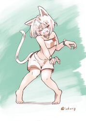 Rule 34 | 1girl, :d, animal ears, bare legs, barefoot, bell, breasts, cat ears, cat tail, choker, commentary request, fang, full body, ginnkei, goutokuji mike, highres, jingle bell, navel, open mouth, red eyes, short hair, shorts, small breasts, smile, solo, stomach, strapless, tail, toes, touhou, tube top, white hair, white shorts, white tube top, wrist cuffs