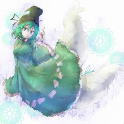 Rule 34 | 1girl, bad id, bad pixiv id, breasts, ghost tail, green eyes, green hair, hat, large breasts, looking at viewer, matching hair/eyes, pointing, pointing up, short hair, signature, sleeves past wrists, soga no tojiko, solo, tate eboshi, touhou, white background, yuxyon