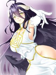 Rule 34 | 1girl, ahoge, albedo (overlord), bare shoulders, black hair, black wings, breasts, cleavage, demon girl, dress, gloves, gradient background, groin, hair between eyes, hand on own chest, hip vent, horns, large breasts, long hair, no panties, onsoku inu, outstretched arm, overlord (maruyama), smile, solo, white dress, white gloves, wings, yellow eyes