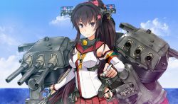 Rule 34 | 10s, 1girl, ammunition, anchor, bad id, bad pixiv id, bare shoulders, between fingers, black hair, blue sky, breasts, cannon, day, detached sleeves, flower, hair flower, hair ornament, headgear, high ponytail, holding, kantai collection, large breasts, long hair, looking at viewer, machinery, ocean, pleated skirt, ponytail, red skirt, sailor collar, sanuki (zigzagflamberge), skirt, sky, smile, upper body, yamato (kancolle)