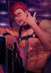 Rule 34 | 1boy, abs, alternate costume, bara, bare pectorals, chain, fate/grand order, fate (series), finger in own mouth, hair over one eye, highres, knee up, large pectorals, leather (subculture), looking at viewer, male focus, mori nagayoshi (fate), muscular, muscular male, navel, nipples, pectorals, ponytail, red hair, sharp teeth, short hair, sideburns, solo, taippen, teeth, tongue, tongue out, yellow background