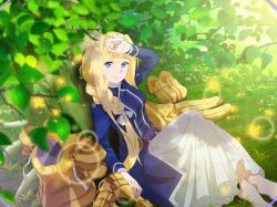 Rule 34 | 1girl, against tree, alice zuberg, arm up, armor, barefoot, blonde hair, blue eyes, blurry, blurry foreground, braid, braided ponytail, closed mouth, day, from above, game cg, gold armor, hair intakes, hair over shoulder, hairband, lens flare, long hair, long skirt, long sleeves, outdoors, pleated skirt, ponytail, sidelocks, sitting, skirt, smile, solo, sword art online, sword art online: alicization rising steel, tree, unworn armor, very long hair, white hairband, white skirt