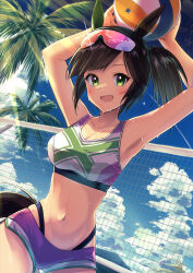 Rule 34 | 1girl, adapted costume, animal ears, armpits, arms up, ball, bare arms, bare shoulders, beach volleyball, bikini, bikini under clothes, breasts, brown hair, cleavage, cowboy shot, diagonal bangs, diffraction spikes, dutch angle, ear covers, eyewear on head, green eyes, highleg, highleg bikini, highres, holding, holding ball, horse ears, horse girl, horse tail, ines fujin (umamusume), large breasts, lens flare, looking at viewer, medium hair, murasaki himuro, navel, open mouth, outdoors, palm tree, playing sports, short shorts, shorts, side ponytail, single ear cover, sky, smile, solo, sports bra, sports sunglasses, sunglasses, sweat, sweatdrop, swimsuit, tail, tree, umamusume, volleyball, volleyball (object), volleyball net