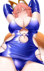 Rule 34 | 1girl, absurdres, animal ear fluff, animal ears, arind yudha, blue dress, breasts, dress, fate/extra, fate/grand order, fate (series), fox ears, fox girl, fox tail, hair between eyes, highres, large breasts, long hair, looking at viewer, pink hair, sidelocks, smile, solo, tail, tamamo (fate), tamamo no mae (fate/extra), yellow eyes
