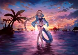 Rule 34 | 1girl, arm behind head, arm up, bag, bikini, black bikini, black hairband, black scrunchie, blonde hair, blue eyes, blue jacket, blue sky, braid, breasts, cleavage, cloud, cloudy sky, collarbone, commentary request, crossed legs, fate/grand order, fate (series), floating hair, front-tie bikini top, front-tie top, full body, gradient sky, hair between eyes, hairband, horizon, hut, innertube, jacket, jeanne d&#039;arc (fate), jeanne d&#039;arc (ruler) (fate), jeanne d&#039;arc (swimsuit archer) (fate), jeanne d&#039;arc (swimsuit archer) (first ascension) (fate), legs, long hair, long sleeves, looking at viewer, medium breasts, navel, ocean, open clothes, open jacket, open mouth, orange sky, ouka (ra-raradan), outdoors, outstretched arm, outstretched hand, palm tree, pier, rock, sandals, scenery, scrunchie, sidelocks, silhouette, single braid, sky, smile, solo, standing, standing on liquid, stilt house, stomach, sunset, swim ring, swimsuit, thigh strap, tree, very long hair, water, water drop, watson cross, white footwear, wind