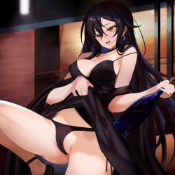 Rule 34 | 1girl, absurdres, alcohol, black hair, breasts, cameltoe, clothes lift, highres, large breasts, panties, red eyes, skirt, skirt lift, solo, thick thighs, thighs, underwear, yoru (yowuyoru)