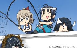 Rule 34 | &gt; &lt;, 4girls, black hair, blue eyes, blue hair, blue sky, brown eyes, commentary request, dated, drill hair, dual persona, fishing net, fishing rod, ghost, gradient sky, hair between eyes, hair ornament, hair over one eye, hair ribbon, hamu koutarou, hatakaze (kancolle), hayashimo (kancolle), headband, highres, kantai collection, light brown hair, long hair, low twintails, multiple girls, name tag, ponytail, red ribbon, ribbon, school swimsuit, seaweed, sky, smile, suzukaze (kancolle), swimsuit, triangular headpiece, twintails, very long hair