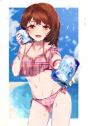 Rule 34 | 1girl, beach, bikini, blurry, blurry background, blush, bracelet, brown eyes, brown hair, can, cowboy shot, creatures (company), depth of field, drink can, game freak, gloria (pokemon), groin, half-closed eyes, highres, holding, holding can, jewelry, looking at viewer, navel, nintendo, outside border, pink bikini, plaid, plaid bikini, pokemon, pokemon swsh, religious offering, senta (ysk 0218), short sleeves, side-tie bikini bottom, soda can, solo, standing, swimsuit, water drop, wet, wristband
