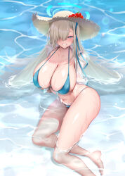 Rule 34 | 1girl, asuna (blue archive), bare shoulders, bikini, blue archive, blue bikini, blue eyes, blush, breasts, chikage (blackclownery), cleavage, collarbone, grin, hair over one eye, halo, hat, highres, large breasts, light brown hair, long hair, looking at viewer, mole, mole on breast, navel, partially submerged, smile, solo, straw hat, swimsuit, very long hair, water, wet