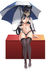 Rule 34 | 1girl, absurdres, animal ears, atago (azur lane), atago (stunning speedster) (azur lane), azur lane, bikini, black hair, black thighhighs, breasts, cleavage, commentary, eun bari, extra ears, gluteal fold, high heels, highres, holding, holding umbrella, large breasts, logo, long hair, mole, mole under eye, navel, race queen, ribbon, shrug (clothing), shrugging, simple background, sitting, sitting on object, smile, solo, swept bangs, swimsuit, thigh gap, thighhighs, two-tone bikini, umbrella, white background, white footwear, white ribbon, wrist cuffs