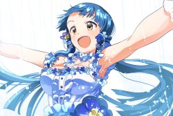 Rule 34 | 1girl, :d, arm scrunchie, armpits, bare shoulders, bead necklace, beads, blue flower, blue hair, blush, breasts, brown eyes, choker, cleavage, collarbone, dress, earrings, flower, frilled dress, frills, hair flower, hair ornament, hands up, highres, idolmaster, idolmaster million live!, idolmaster million live! theater days, jewelry, kitakami reika, long hair, looking at another, low twintails, medium breasts, necklace, open mouth, outstretched arms, sash, simple background, sleeveless, sleeveless dress, smile, solo, takumi (scya), twintails, upper body, very long hair, water drop, white background, white choker, white dress, white sash