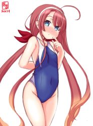 Rule 34 | ahoge, alternate costume, artist logo, asymmetrical bangs, blue eyes, blue one-piece swimsuit, blush, commentary request, competition swimsuit, covered navel, dated, flat chest, hair ribbon, hairband, head tilt, highleg, highleg swimsuit, highres, index finger raised, kanon (kurogane knights), kantai collection, kawakaze (kancolle), long hair, looking at viewer, low twintails, nose blush, one-piece swimsuit, pointy ears, red hair, ribbon, sidelocks, simple background, solo, standing, swimsuit, twintails, very long hair, white background