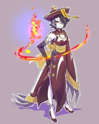 Rule 34 | 1girl, chinese clothes, cinder fall, cleavage cutout, clothing cutout, commentary, cosplay, elbow gloves, fire, gloves, iesupa, jiangshi, jiangshi costume, lei lei, lei lei (cosplay), ofuda, rwby, scar, scar across eye, scar on face, solo, vampire (game)