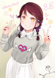 Rule 34 | 1girl, aida rikako, bad id, bad pixiv id, birthday, braid, commentary request, dated, double v, drawing, flower, grin, hair ribbon, heart, kitahara tomoe (kitahara koubou), long hair, long sleeves, looking at viewer, love live!, love live! sunshine!!, red hair, ribbon, sakurauchi riko, signature, skirt, smile, solo, swept bangs, twin braids, twitter username, v, voice actor connection, white skirt, yellow eyes