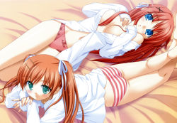 Rule 34 | 2girls, absurdres, ass, bed, blue eyes, blush, bow, bow panties, breasts, brown hair, brown theme, cleavage, flat ass, green eyes, hair ornament, hair ribbon, hairclip, highres, kani biimu, lying, multiple girls, no bra, on back, on stomach, open clothes, open shirt, panties, red hair, red panties, ribbon, shirt, siblings, sisters, smile, striped clothes, striped panties, takaoka miyuki, takaoka sayuki, touji no sato, twins, twintails, underwear