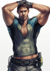 Rule 34 | 1boy, bara, beard, belt, biceps, black belt, brown hair, chris redfield, clothes lift, commentary, covered abs, covered navel, dark-skinned male, dark skin, english commentary, facial hair, green shirt, grey pants, hands on own head, male focus, mature male, midriff peek, muscular, muscular male, navel hair, nick300, pants, pectoral cleavage, pectorals, resident evil, resident evil 5, shirt, shirt lift, short hair, sideburns, smile, solo, stubble, tight clothes, tight shirt, unzipped