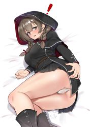 Rule 34 | !, 1girl, ass, belt, black capelet, black dress, black footwear, braid, breasts, brown belt, brown hair, c-da, capelet, cloak, commentary request, dress, highres, hood, hood up, hooded capelet, hooded cloak, kantai collection, large breasts, long hair, looking at viewer, lying, on side, open mouth, panties, partially visible vulva, pleated dress, shinshuu maru (kancolle), spoken exclamation mark, thighs, twin braids, underwear
