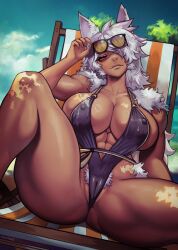 Rule 34 | 1girl, abs, animal ears, ass, black one-piece swimsuit, blue sky, breasts, camel, cleavage, cloud, commentary, commission, covered erect nipples, dark-skinned female, dark skin, english commentary, eyelashes, fang, fang out, female pubic hair, hair ornament, hair over one eye, highres, large breasts, long hair, looking at viewer, navel, nextoad, one-piece swimsuit, original, outdoors, pubic hair, pubic hair peek, red eyes, sitting, sky, slingshot swimsuit, smile, solo, spread legs, sunglasses, swimsuit, white hair