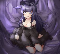 Rule 34 | 1girl, :3, :d, animal ears, arknights, black bow, black dress, black footwear, black hat, blush, bow, breasts, buttons, cleavage, double-breasted, dress, earrings, grey eyes, hair bow, hat, highres, jewelry, klaius, large breasts, looking at viewer, open mouth, purple background, purple hair, rabbit ears, rope (arknights), shoes, sitting, smile, solo, yokozuwari