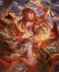 Rule 34 | 10s, 1girl, :d, anklet, armlet, artist request, barefoot, bird, bracelet, brown hair, cloud, cloudy sky, cygames, dancer, feet, jewelry, long hair, looking at viewer, navel, official art, open mouth, plantar flexion, red eyes, revealing clothes, shadowverse, shingeki no bahamut, sky, smile, soles, sun oracle pascale, sunset