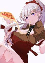 Rule 34 | 1girl, azur lane, belfast (azur lane), belfast (piping-hot perfection) (azur lane), bow, braid, braided bangs, breasts, cleavage, crossed legs, earrings, eating, food, hair bow, hairband, highres, jewelry, long hair, looking at viewer, medium breasts, pizza, pizza hut, purple eyes, silver hair, solo, white background