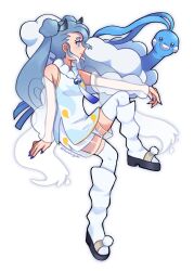 Rule 34 | 1girl, altaria, artist name, beak, bird, blue bird, blue nails, creatures (company), detached sleeves, double bun, eyeshadow, feathers, fluffy, flying miku (project voltage), from side, full body, game freak, gen 3 pokemon, goh (lwvegoh), gradient hair, grey hair, hair bun, hair ribbon, hatsune miku, highres, invisible chair, long eyelashes, long hair, makeup, multicolored hair, nintendo, pokemon, pokemon (creature), project voltage, red eyeshadow, ribbon, see-through, see-through shorts, see-through sleeves, shorts, shorts under shorts, sitting, solid oval eyes, twintails, vocaloid, white background, white footwear, white shorts, wind chime