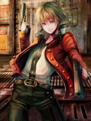 Rule 34 | 1boy, belt, black pants, blonde hair, blue eyes, closed mouth, commentary request, denim, dual persona, end of eternity, gun, holding, holding gun, holding weapon, jacket, jeans, open clothes, open jacket, pants, red jacket, shinrin kusaba, short hair, smile, smirk, solo, standing, upper body, weapon, zephyr (end of eternity)