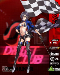 Rule 34 | 1girl, bikini, bikini top only, black nails, black shorts, blue eyes, blue jacket, blue panties, blush, body writing, boots, breasts, character name, checkered flag, cleavage, fingerless gloves, flag, full body, girls&#039; frontline, gloves, grey hair, hand on own hip, headset, high heel boots, high heels, highleg, highleg panties, highres, holding, holding flag, jacket, lu yin, medium breasts, nail polish, navel, official alternate costume, official art, p22 (girls&#039; frontline), p22 (pulsing dash) (girls&#039; frontline), panties, race queen, short hair, short shorts, shorts, smile, solo, standing, swimsuit, thigh boots, thighhighs, underwear