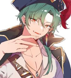 Rule 34 | 1boy, 3di project, breasts, cleavage, collared shirt, earrings, feather earrings, feathers, gradient eyes, green hair, hat, highres, jewelry, jortun leventor, labjusticaholic, long hair, low ponytail, male focus, multicolored eyes, necklace, open mouth, pirate, pirate costume, pirate hat, shirt, solo, virtual youtuber, white background