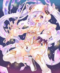 Rule 34 | 1girl, blush, breasts, cleavage, long hair, official art, purple eyes, purple hair, see-through, senjou no electro girl, shina shina, small breasts, smile, solo, thighhighs, twintails