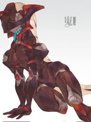Rule 34 | 1girl, android, arm support, blue tongue, breasts, character request, colored tongue, female focus, highres, joints, leaning to the side, no humans, open mouth, robot, robot joints, science fiction, sharp teeth, simple background, solo, teeth, tongue, tongue out, white background, xu sanchuan