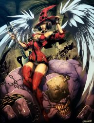 Rule 34 | 1girl, angel wings, arc system works, boots, breasts, chain, covered erect nipples, genzoman, guilty gear, guitar, hat, i-no, instrument, large breasts, legs, lips, monster, nipples, red hat, skin tight, solo, thigh boots, thighhighs, wings, witch