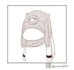 Rule 34 | 10s, 1girl, arms at sides, horns, kantai collection, long hair, meme attire, monochrome, moomin, muppo, no humans, northern ocean princess, open-chest sweater, ribbed sweater, sazanami konami, snout, solo, sweater, wrist cuffs