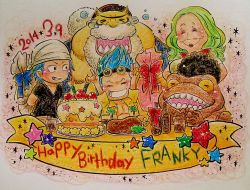 Rule 34 | &gt; &lt;, beard, birthday, blue hair, blush, brothers, cake, chibi, double v, facial hair, family, food, franky (one piece), graphite (medium), happy, iceburg, kokoro (one piece), mermaid, monster, monster girl, one piece, onexone, siblings, smile, toad (animal), tom (one piece), traditional media, v, water 7