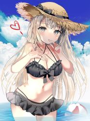 Rule 34 | 1girl, artist name, bad id, bad pixiv id, ball, bare shoulders, beach, beachball, blush, bonono, breasts, grey eyes, grey hair, hand on own chest, hat, highres, long hair, looking at viewer, medium breasts, original, solo, straw hat, summer, swimsuit